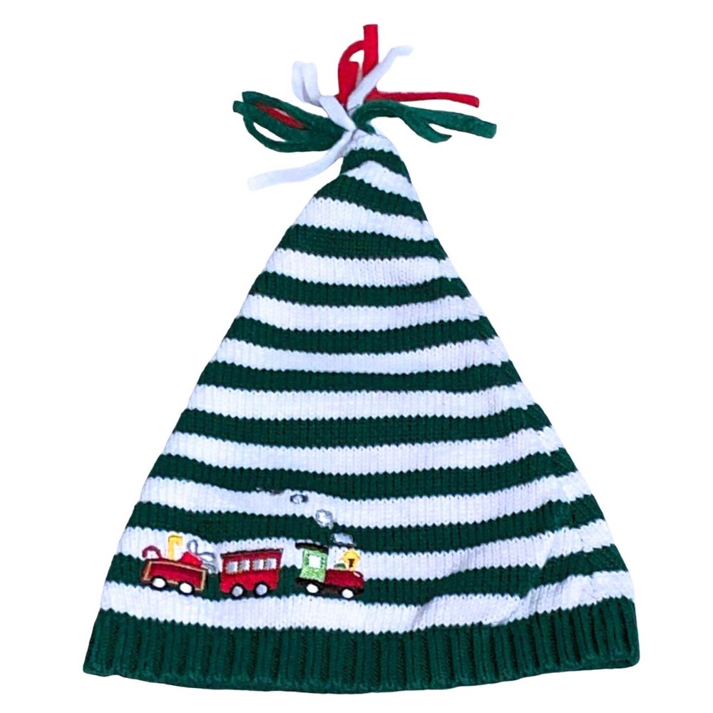 EUC Gymboree Baby Boys Size 6 18 Month Green Stripe Train Cotton Winter Hat